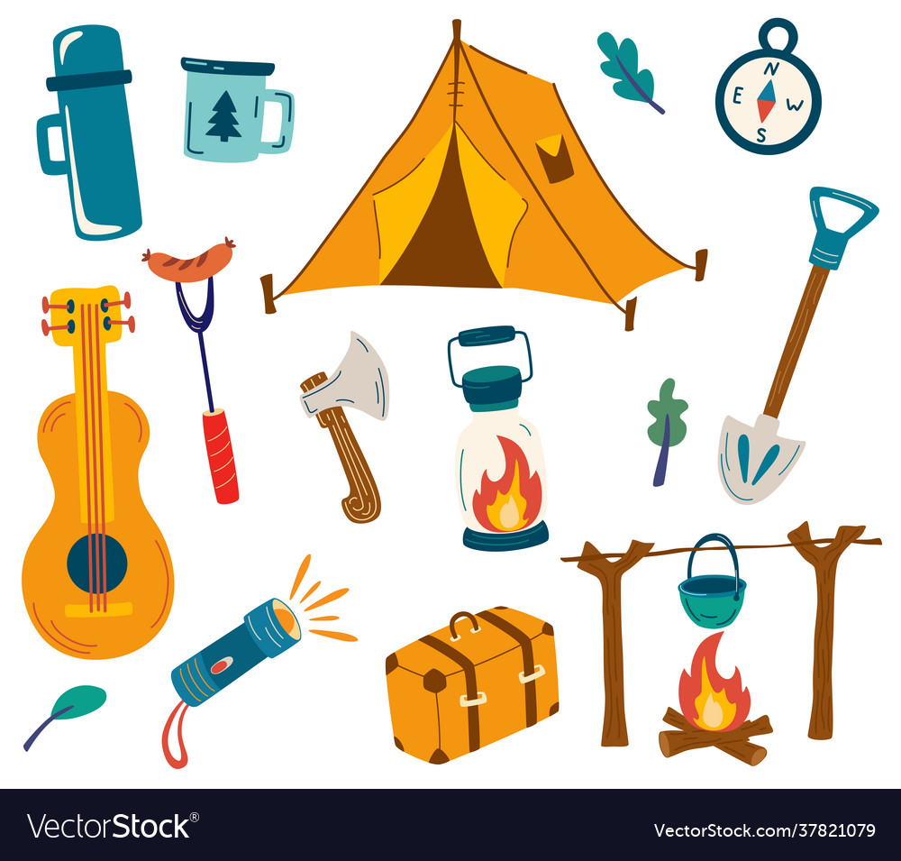 Set camping items big tourist items Royalty Free Vector