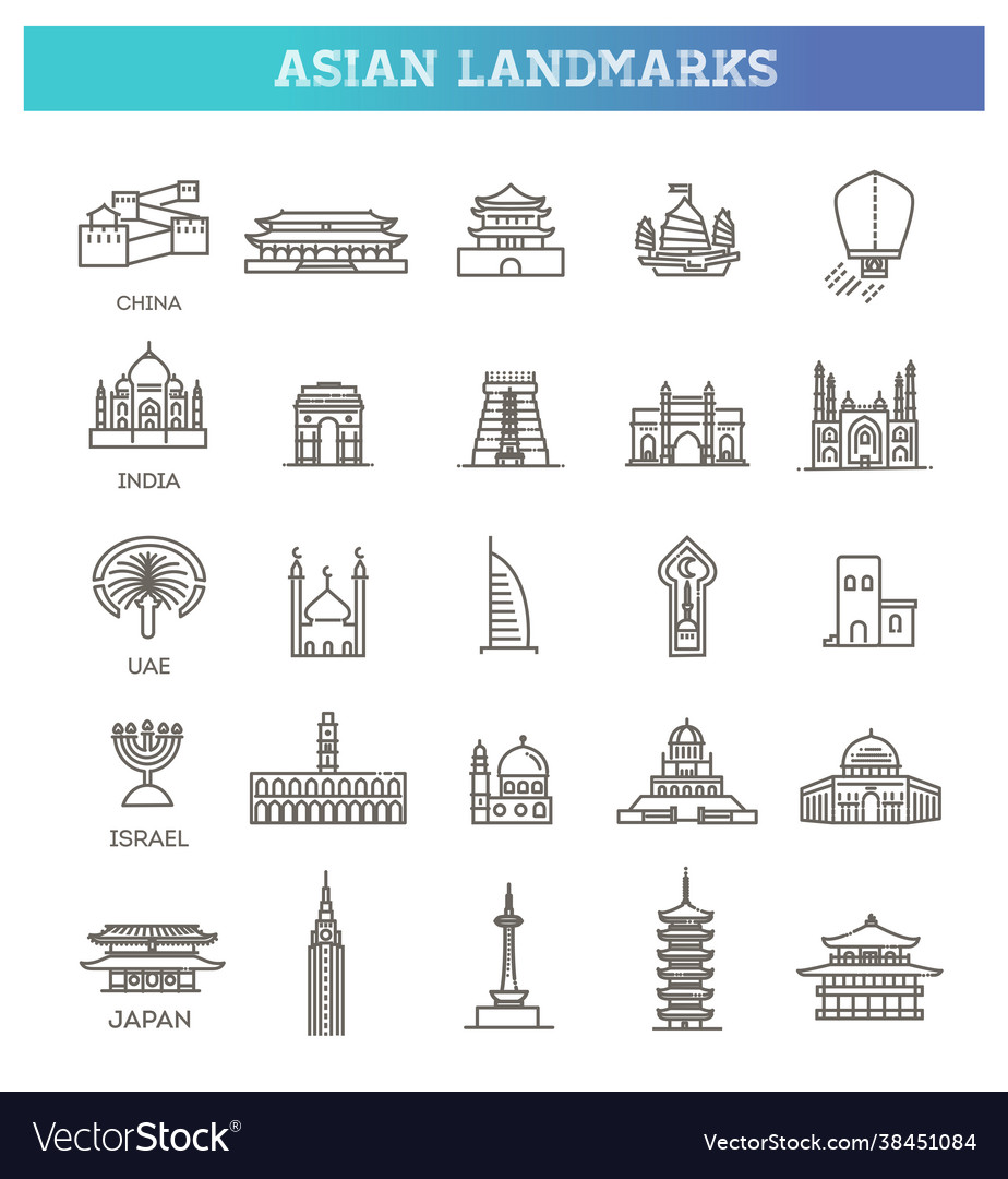 Asian landmarks and travel destinations Royalty Free Vector