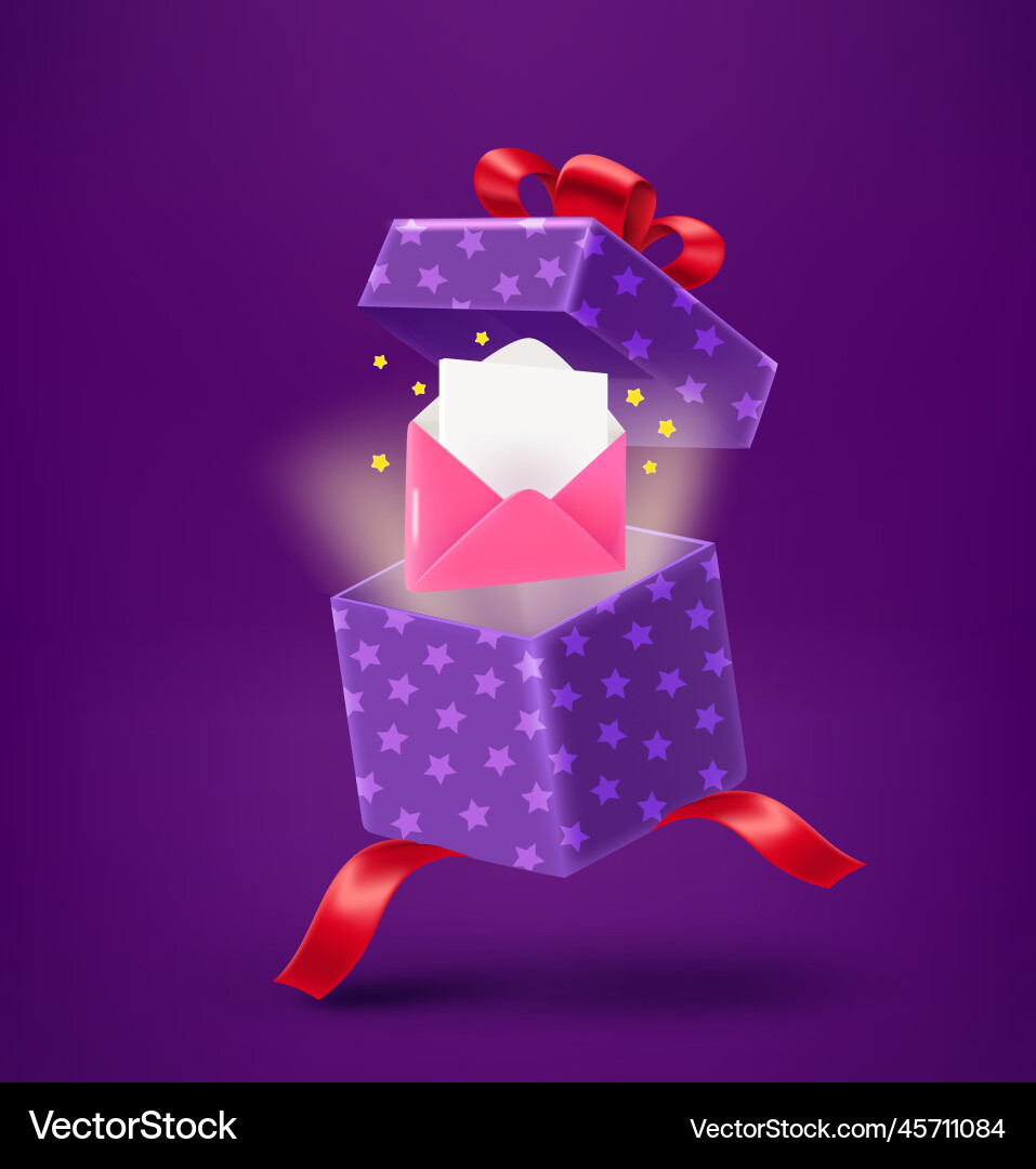 Open gift box with envelope paper letter 3d Vector Image