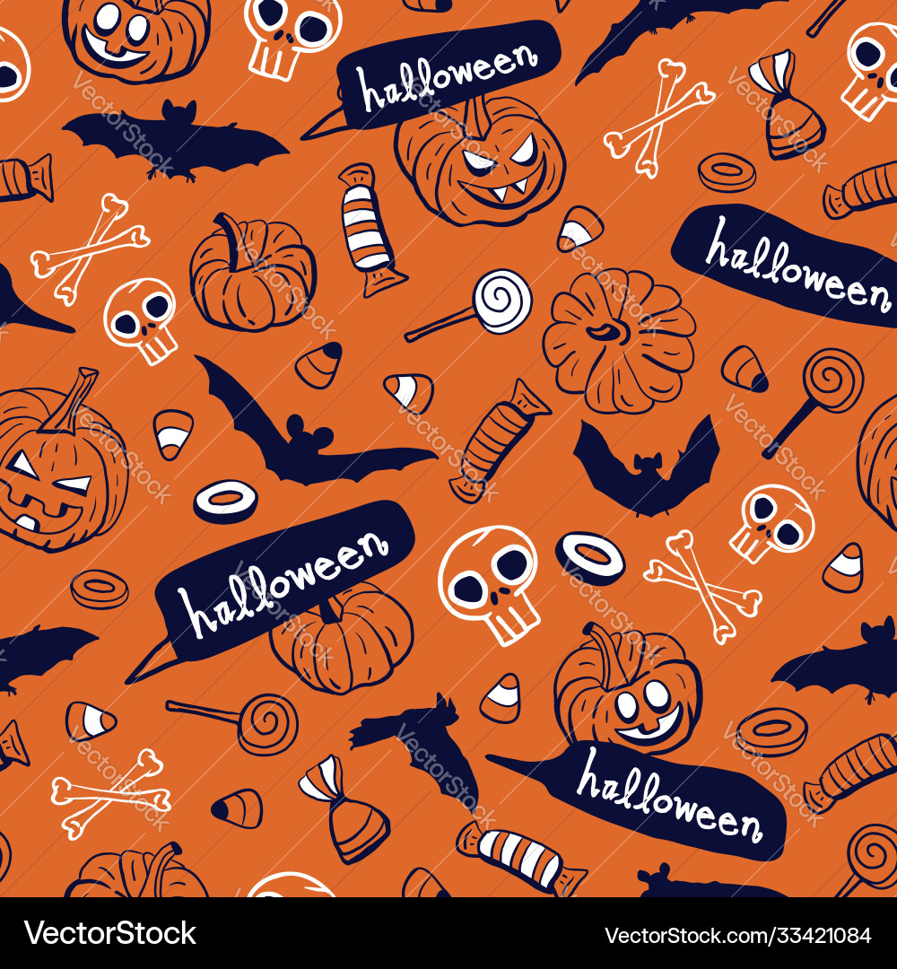 Orange pumpkins bats bones seamless pattern Vector Image