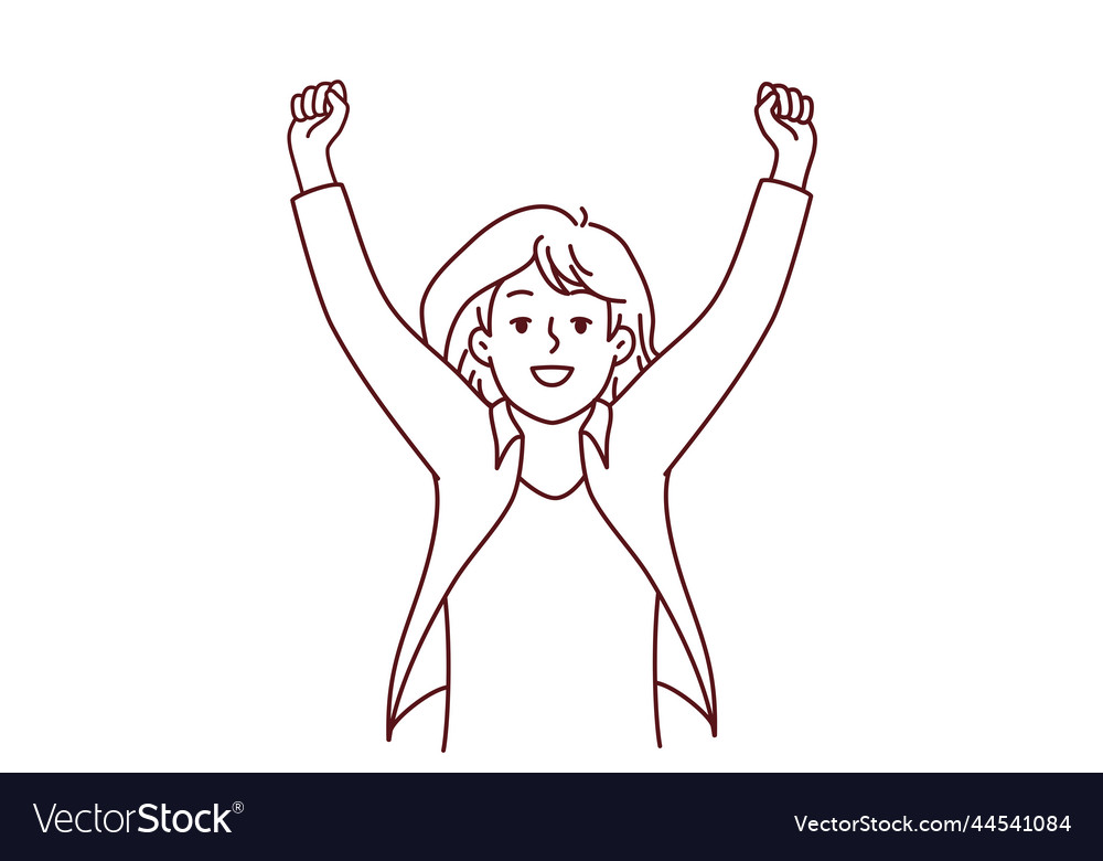 Smiling woman raise hands celebrate win Royalty Free Vector