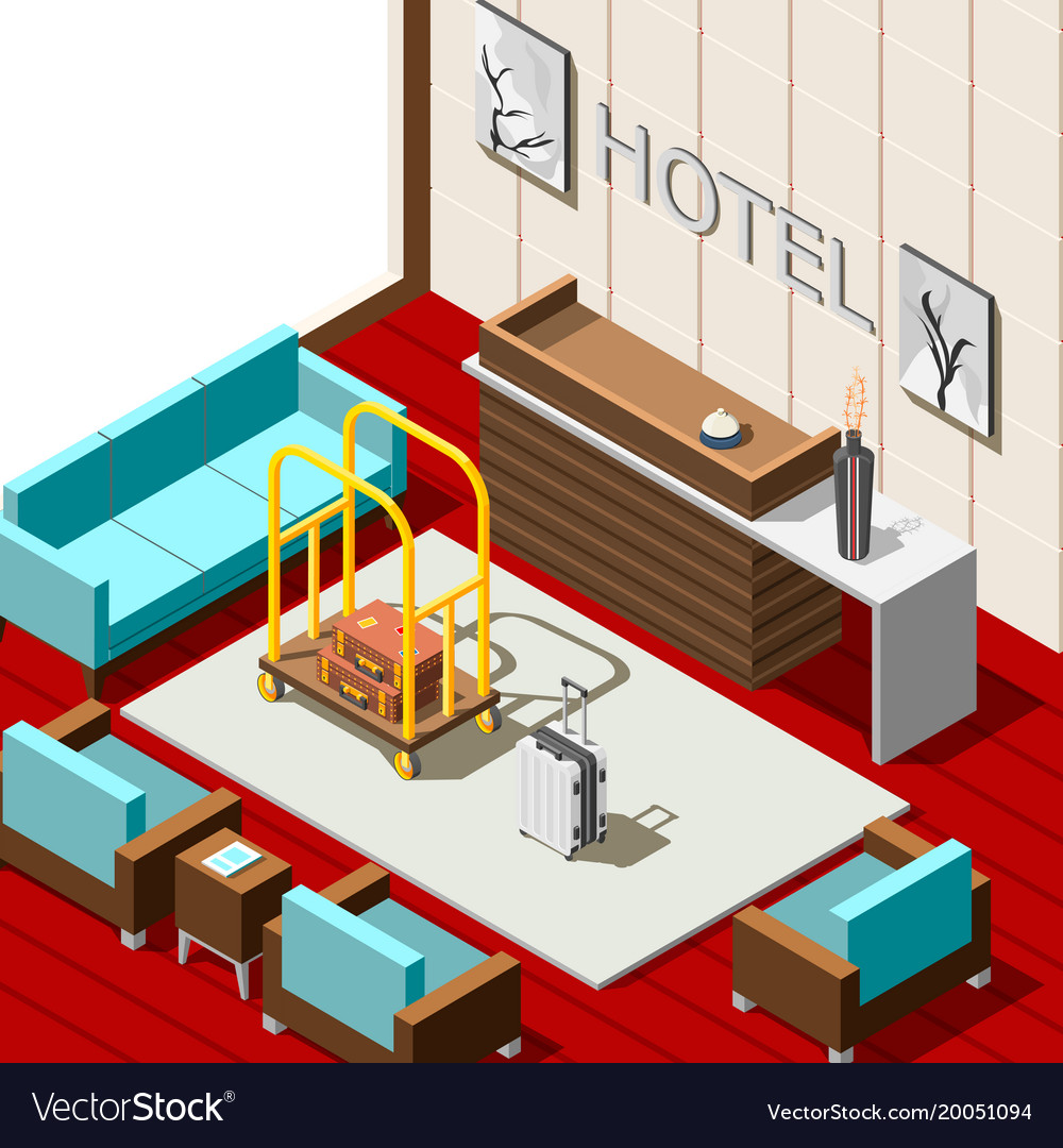 Hotel reception isometric background Royalty Free Vector