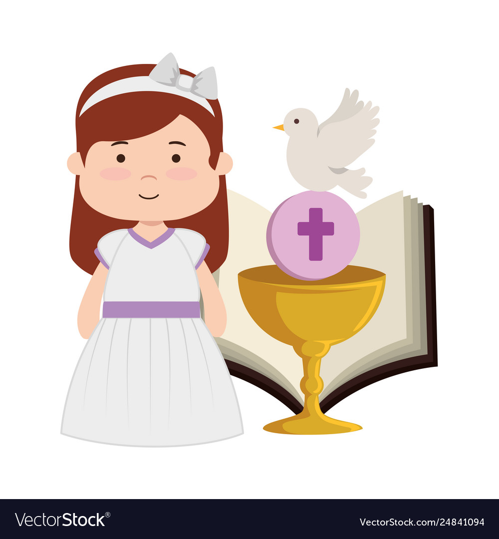 Little girl with bible and chalice first communion