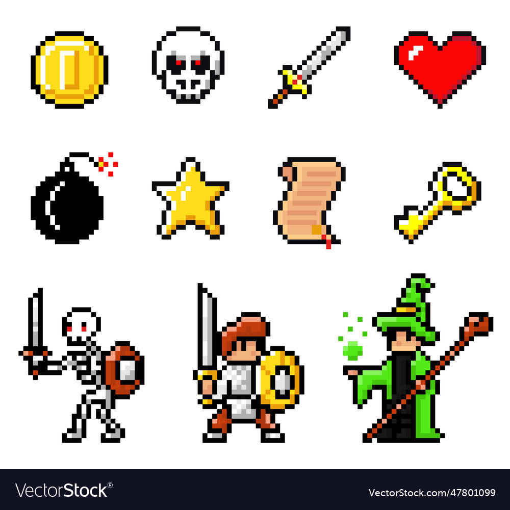 Collection of pixel game elements symbols Vector Image