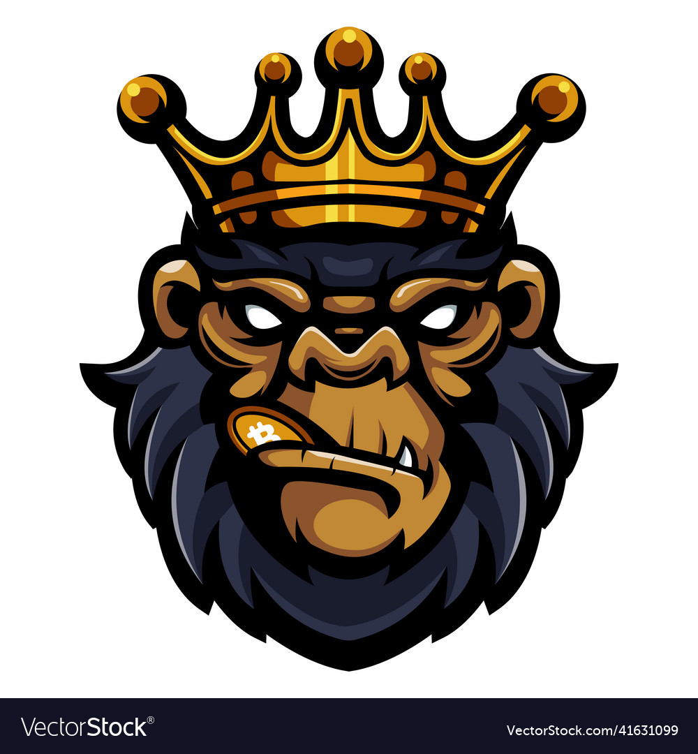 King gorilla head biting crypto coin Royalty Free Vector