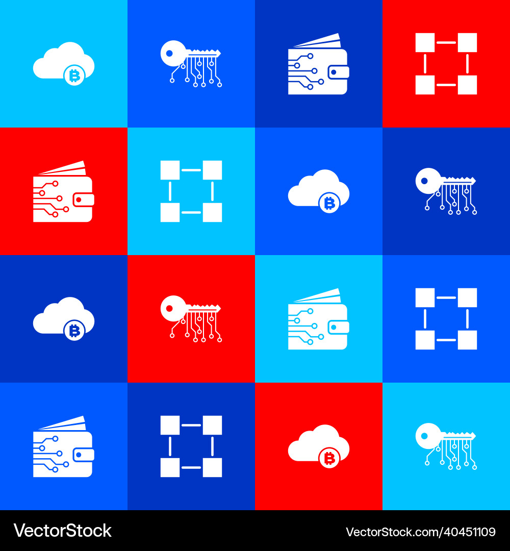 Set cryptocurrency cloud mining key wallet Vector Image