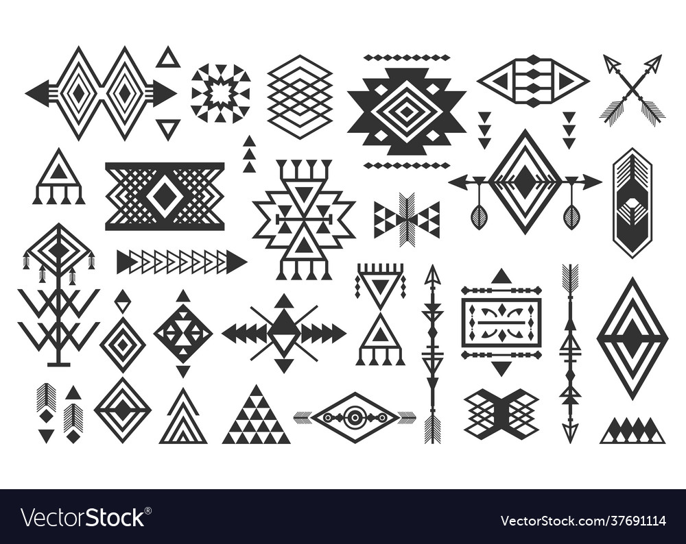 Black aztec and tribal signs and symbols icons set