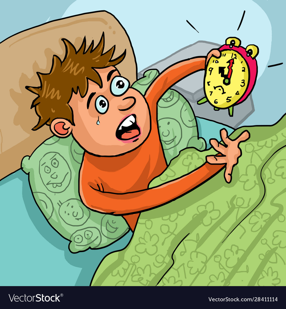 Boy waking up too late vector image on VectorStock.