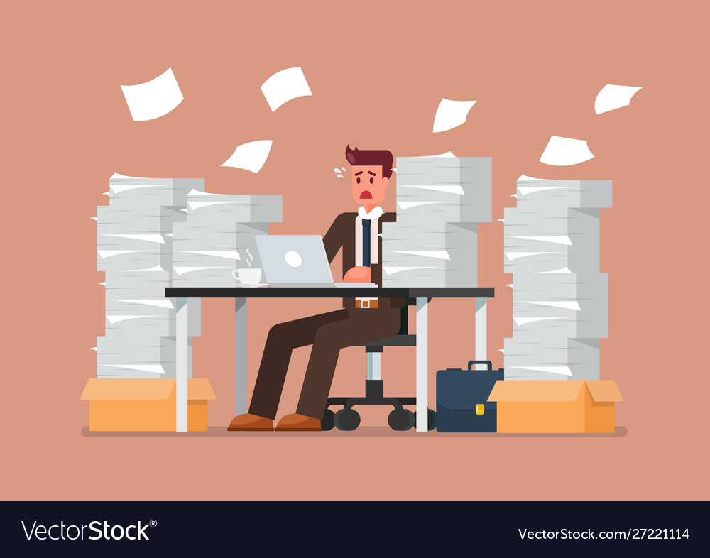 Busy overworked man sitting at table with laptop Vector Image