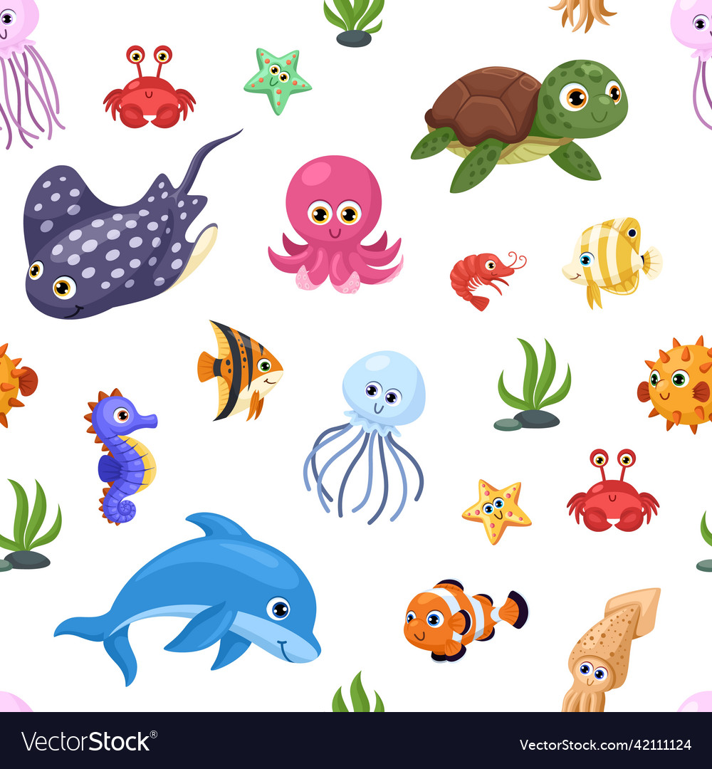 Cartoon ocean animal seamless pattern fun animals Vector Image