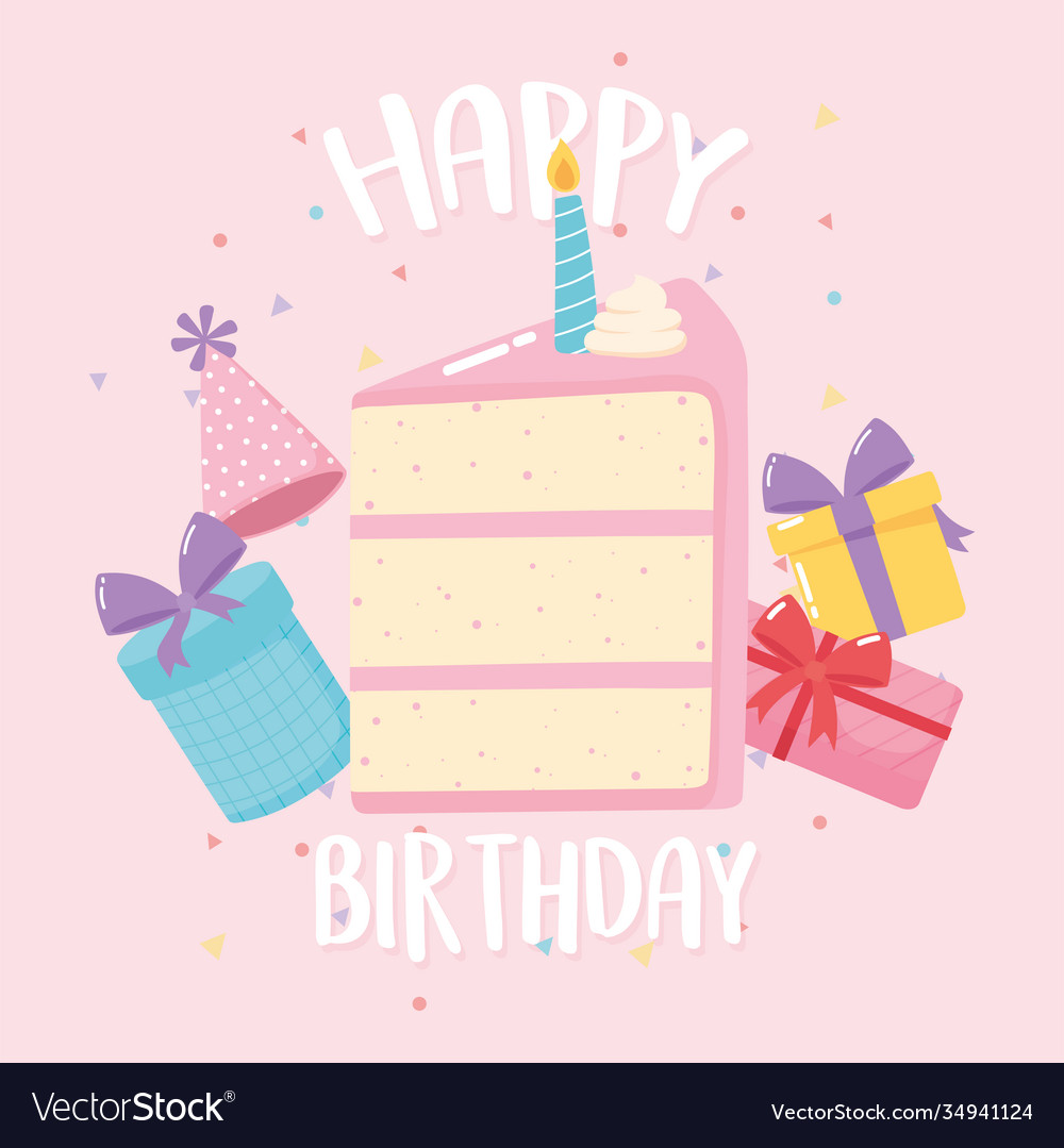 Happy birthday lettering card cake gifts Vector Image