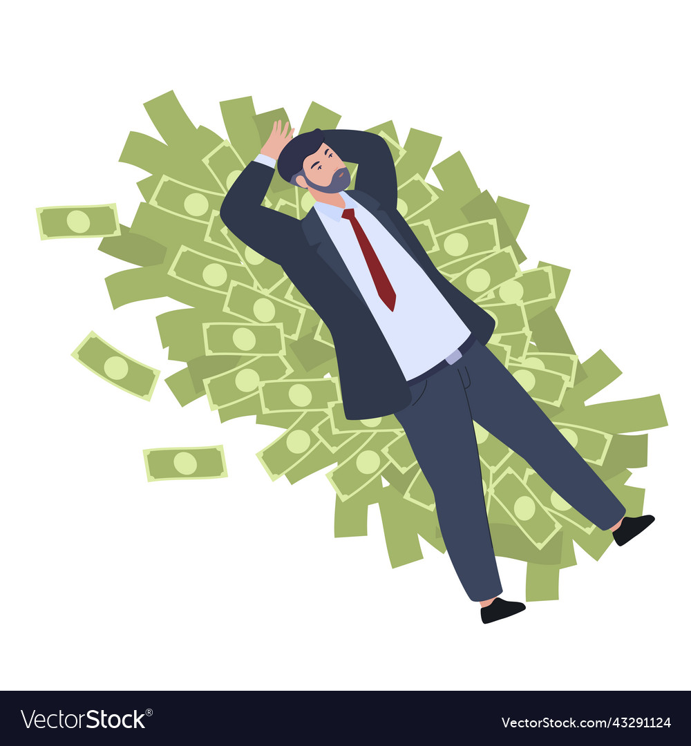 Rich business man lying on cash money dollar vector image Rich business man lying on cash money dollar