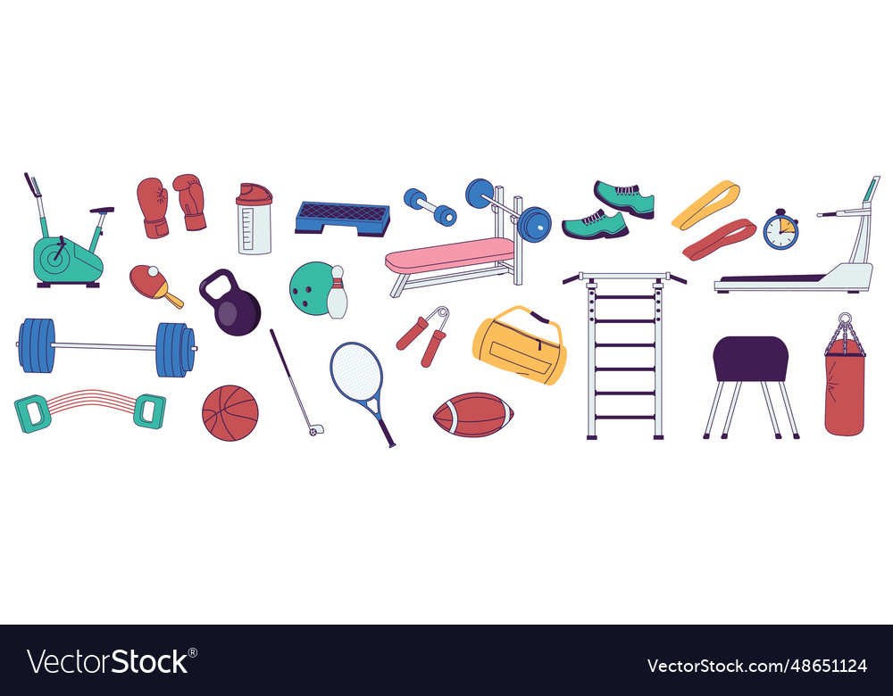 Sport equipment set cartoon fitness Royalty Free Vector