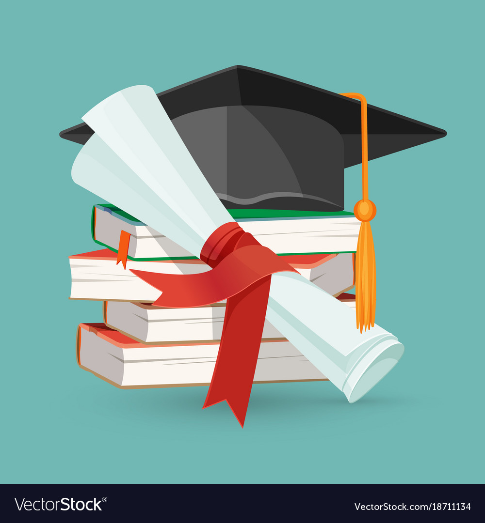 Download Degree scroll pile of books and black graduation Vector Image