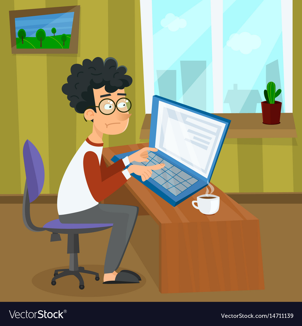 Cartoon young programmer man is working Royalty Free Vector