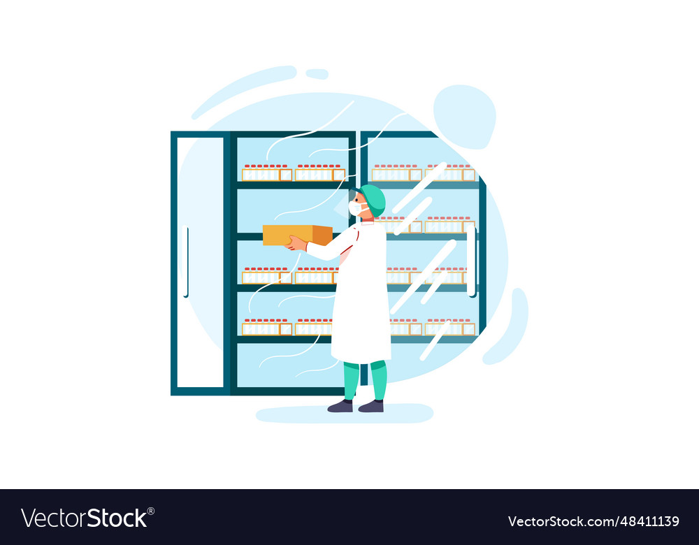 Medial staff distributing vaccine tray inside the Vector Image