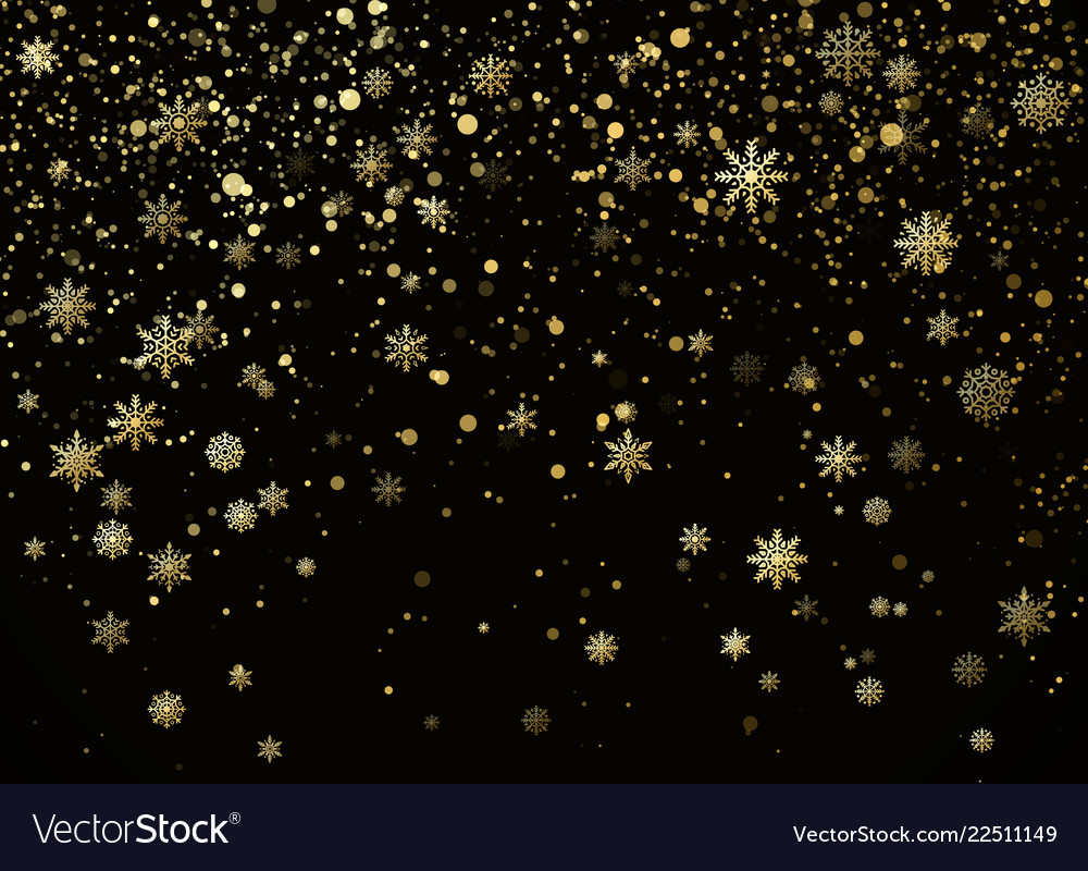 Falling golden snowflakes isolated on darck