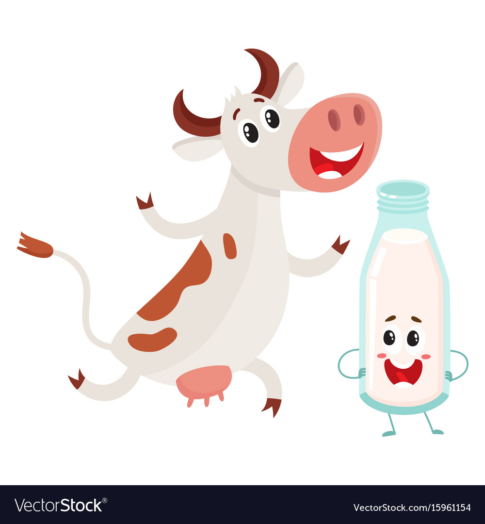 Farm cow and milk bottle characters with smiling Vector Image