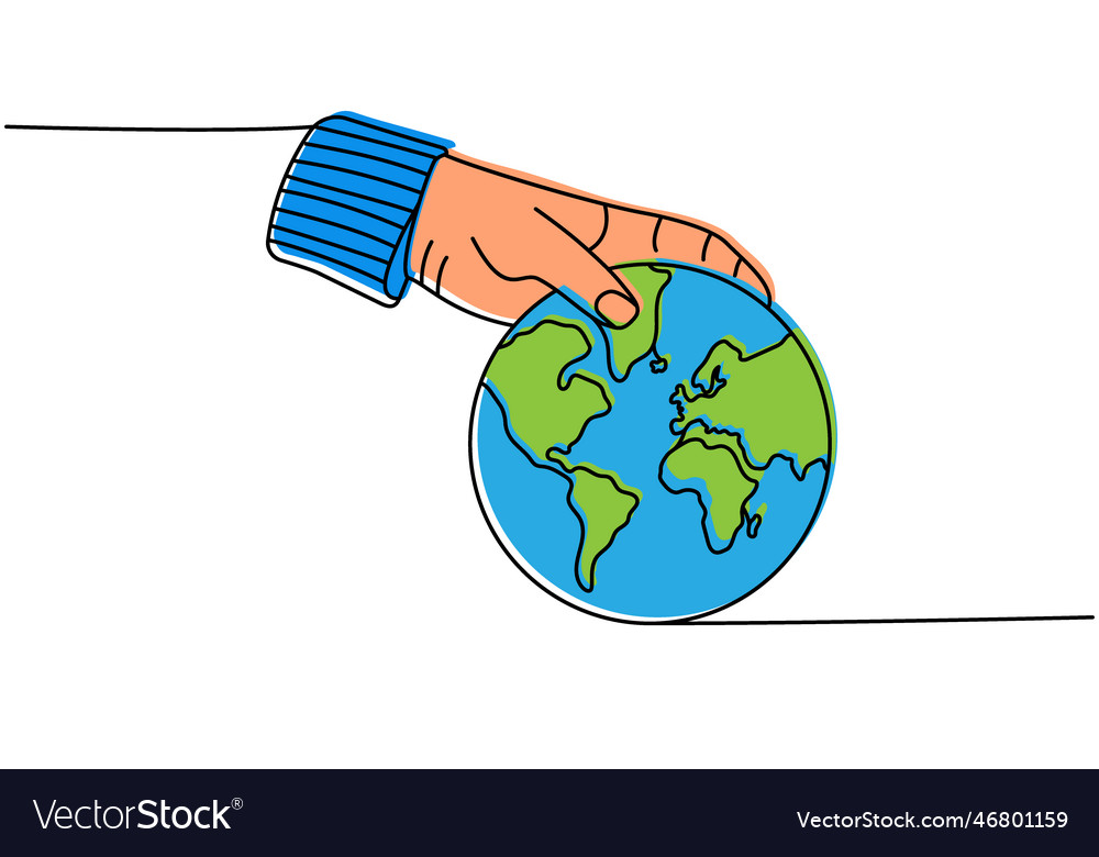 Man hand throwing a world map colored one line Vector Image