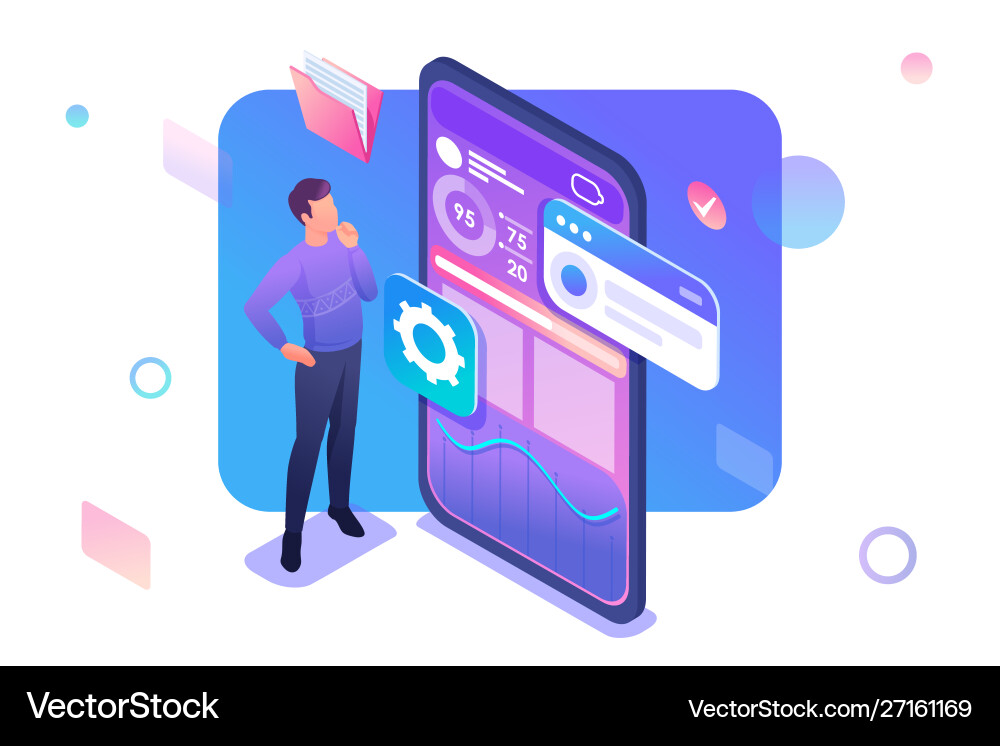 Young man is developing a mobile application Vector Image