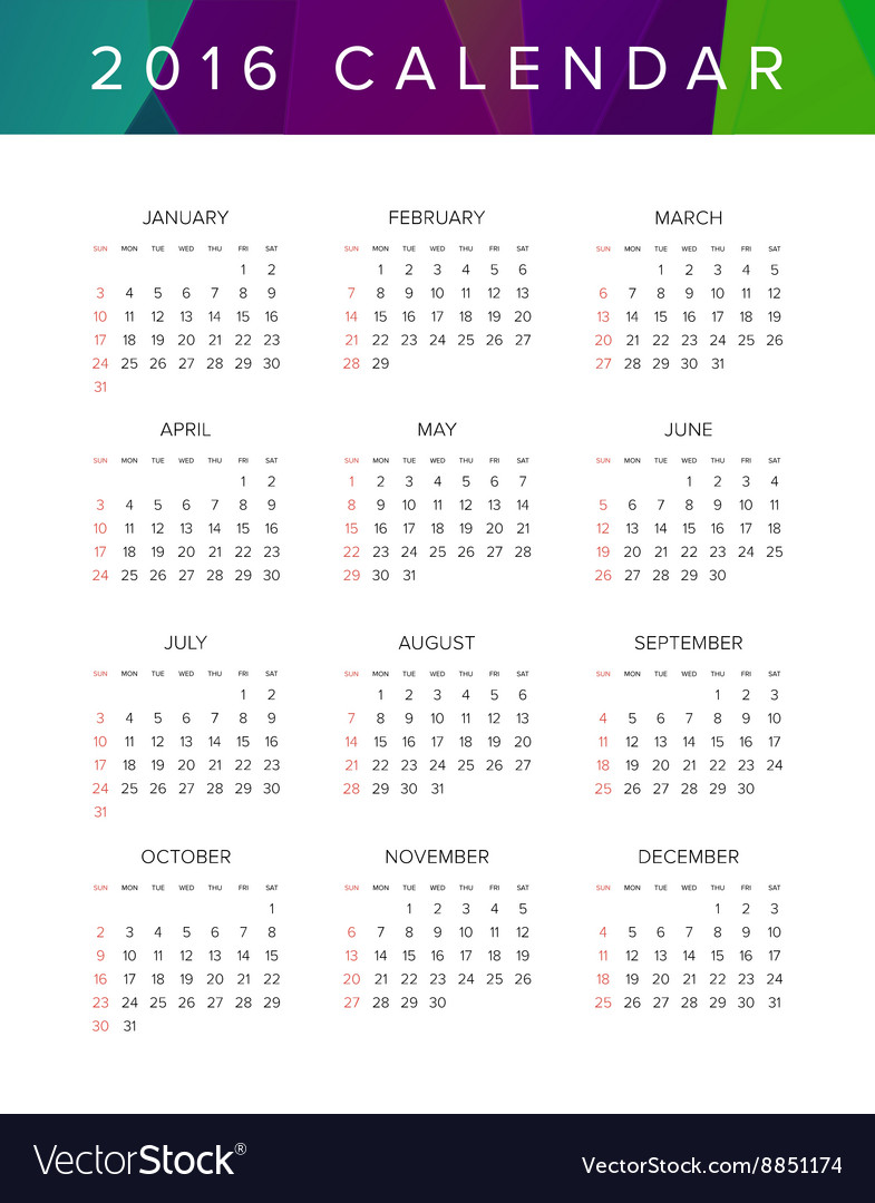 2016 calendar abstract week starts from sunday Vector Image