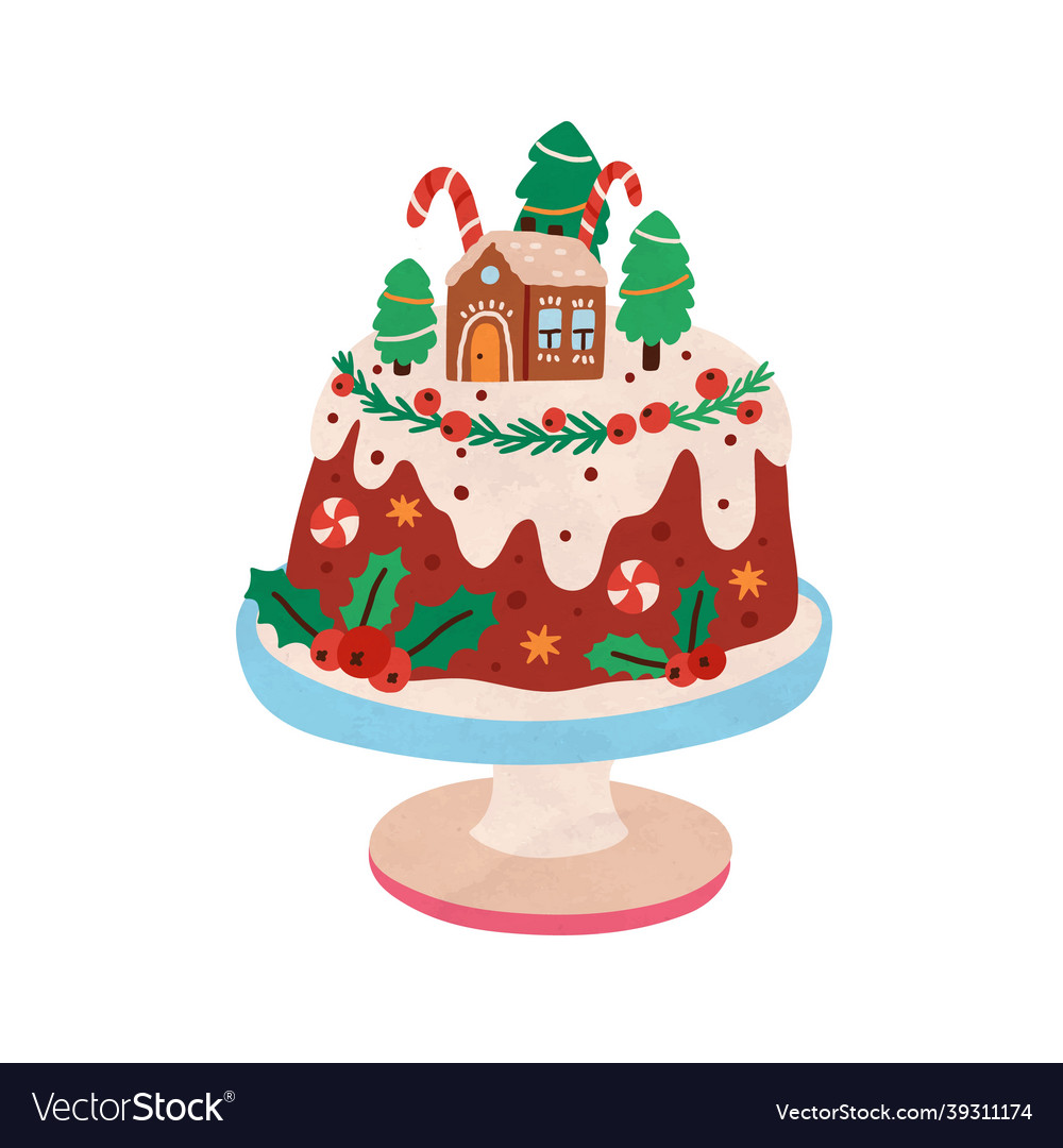 Christmas cake with festive decoration baked Vector Image