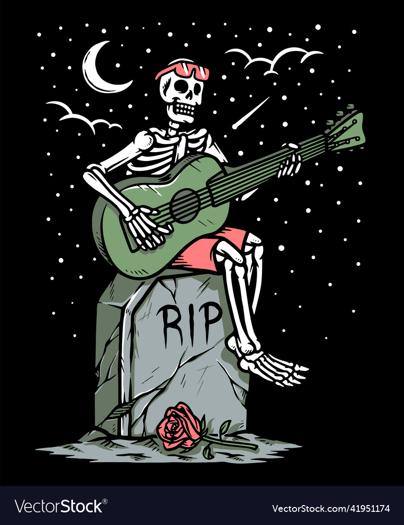 Skeleton playing guitar in grave Royalty Free Vector Image