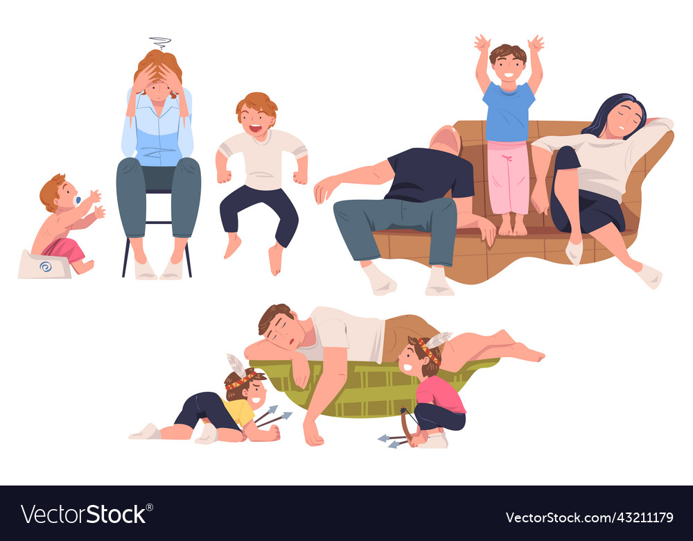 Tired parents exhausted with noisy and energetic Vector Image