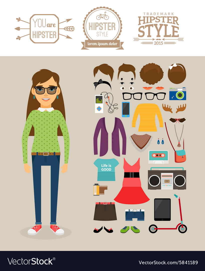 Hipster Girl Elements Clothes Hairstyles And Vector Image