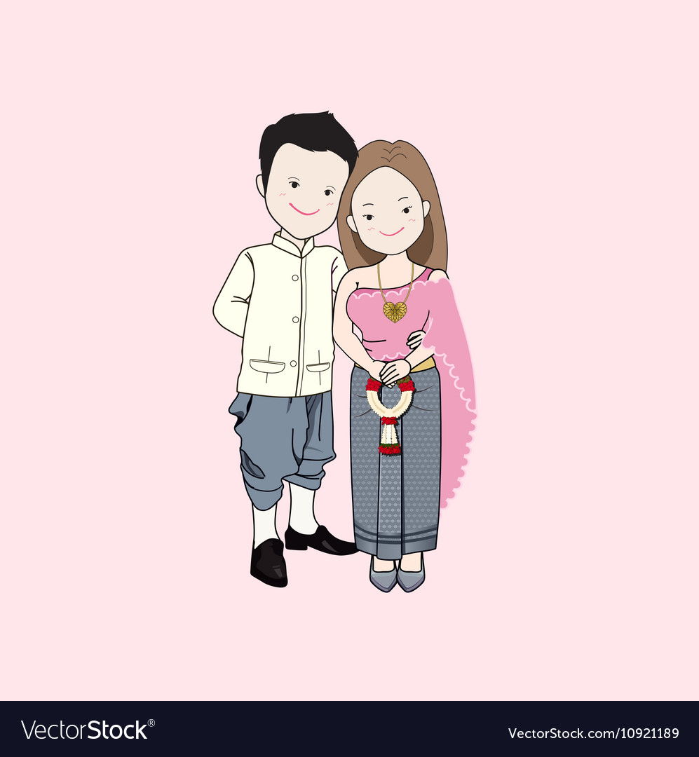 Wedding Cartoon Couple In Thai Tradition Costume Vector Image