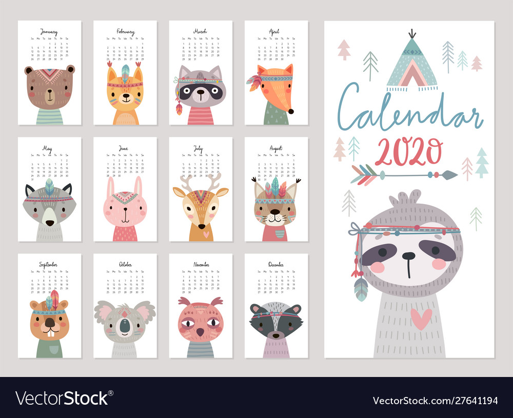 Calendar 2020 cute monthly calendar with woodland Vector Image