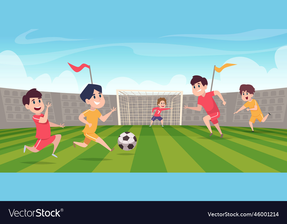 Football team kids playing with ball on stadium Vector Image