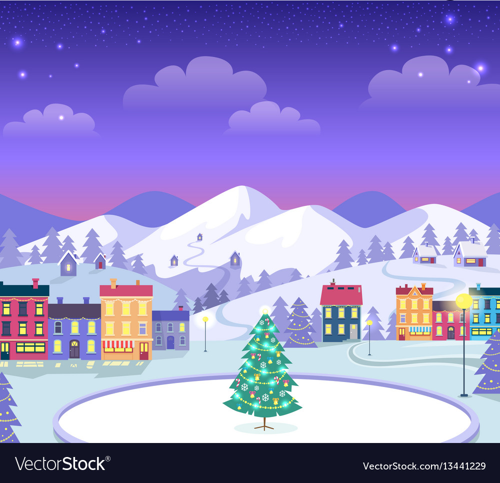 Decorated Christmas Town With Houses And Ice Vector Image
