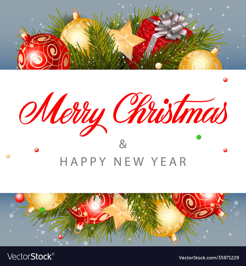 Merry christmas lettering gift and balls Vector Image