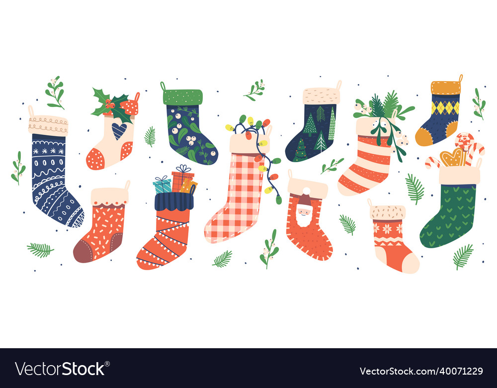Set of colorful christmas socks isolated on white vector image Set of colorful christmas socks isolated on white