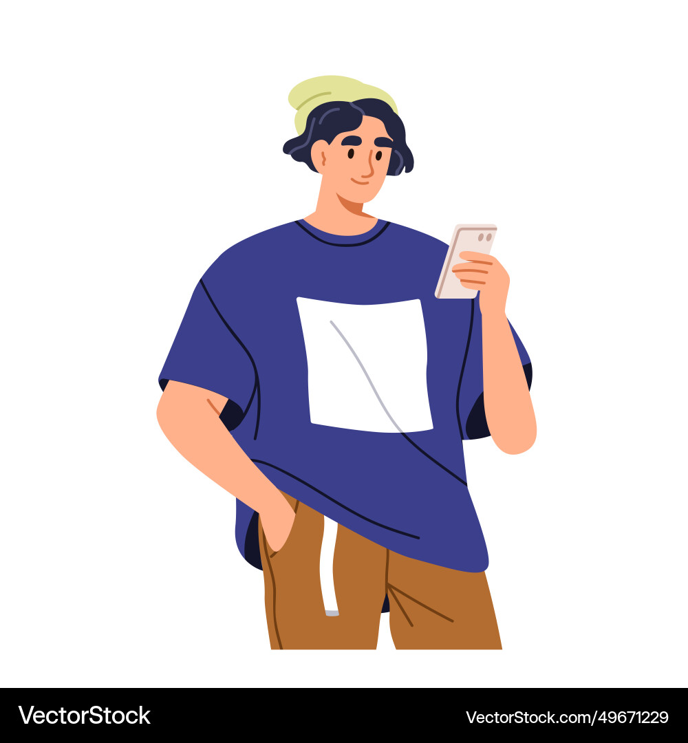 Young man holding mobile phone using smartphone Vector Image