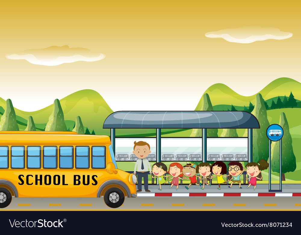 Children getting on school bus at stop Royalty Free Vector