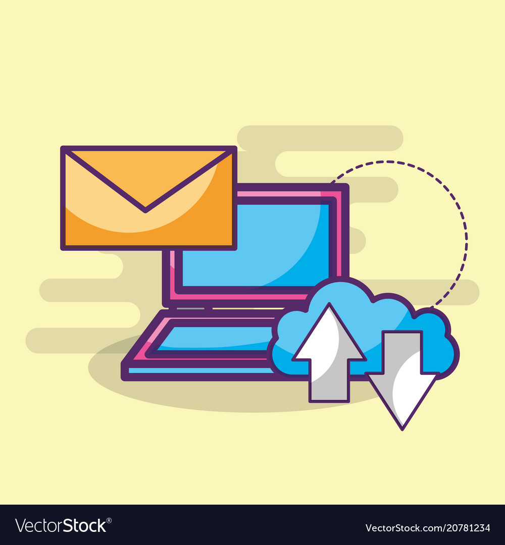 Laptop email message cloud storage upload and Vector Image