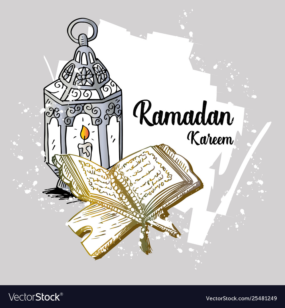 Ramadan kareem greeting card with quran and lamp Vector Image