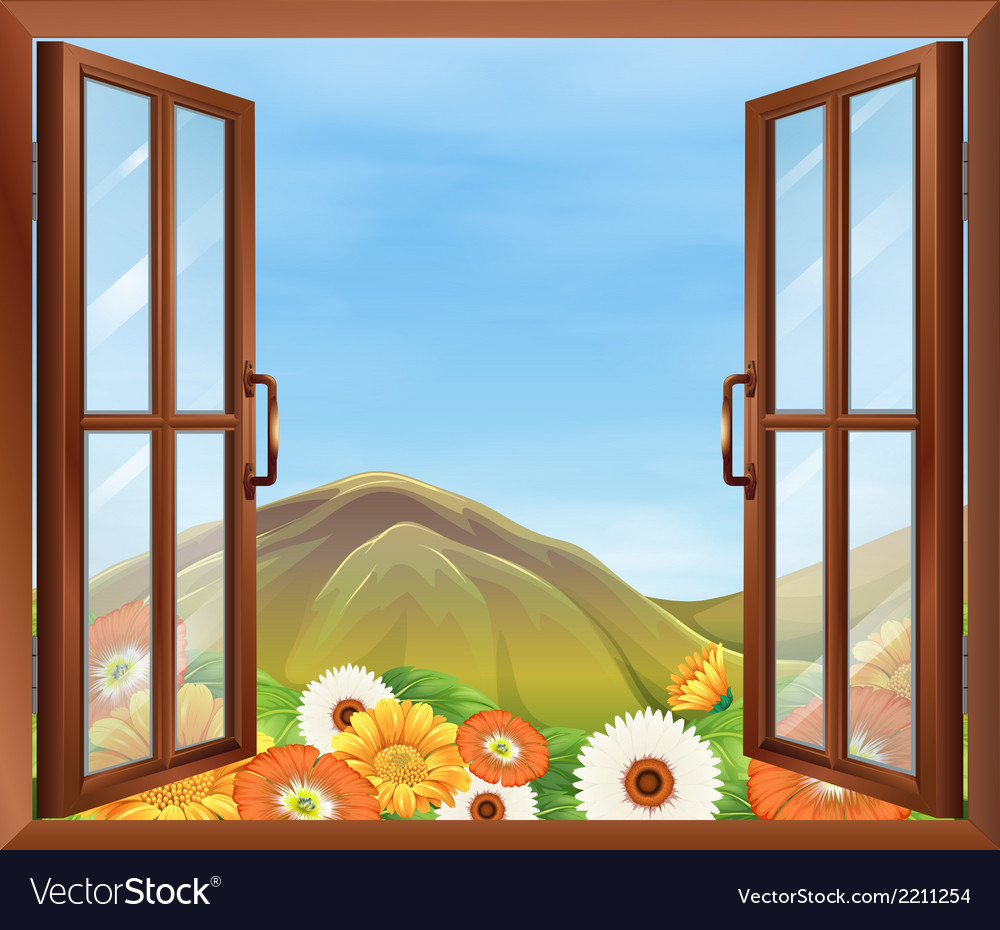 A window with a view of the blooming flowers Vector Image