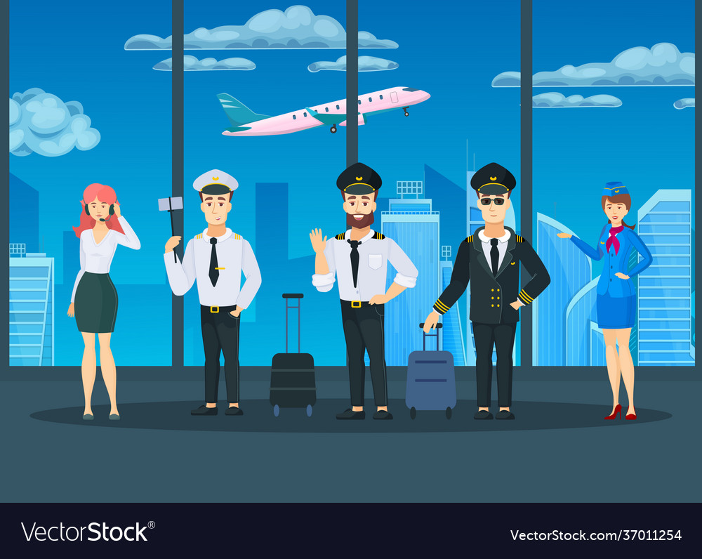 Airplane flight crew in uniform posing cartoon Vector Image