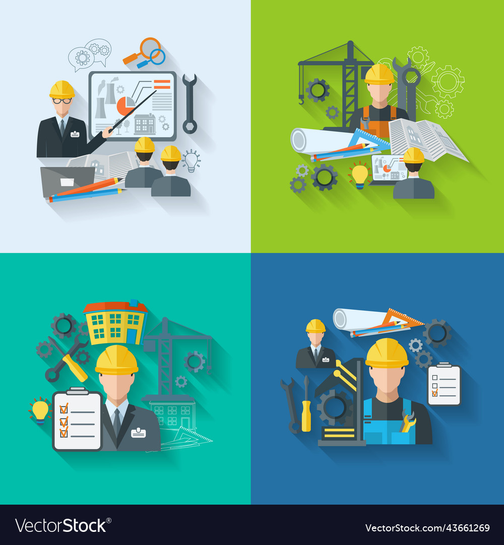 Engineer icon flat set Royalty Free Vector Image