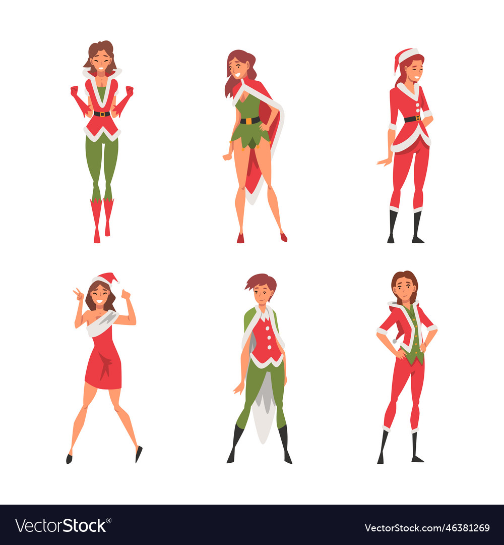 Pretty woman wearing red santa claus and elf Vector Image