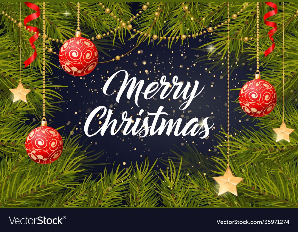 Merry christmas lettering with tree toys Vector Image