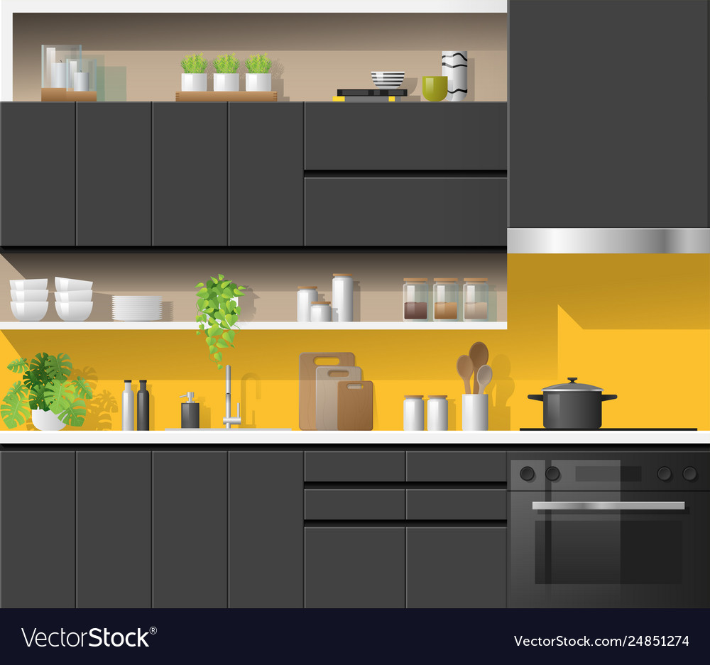 Modern Black Kitchen With Yellow Background Vector Image