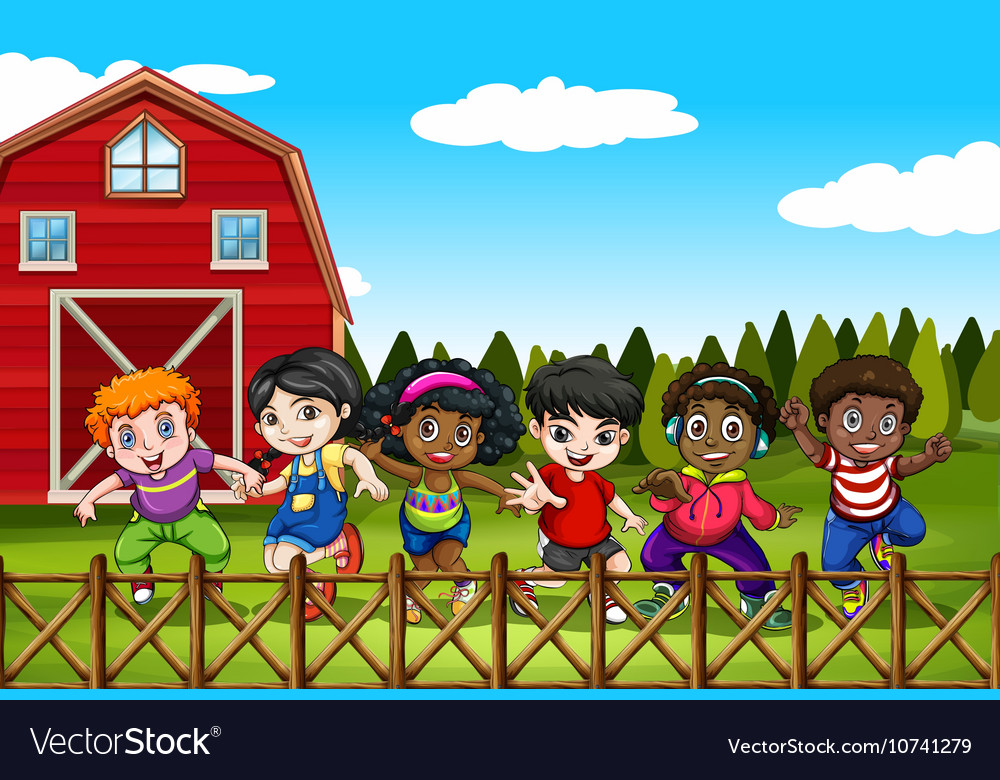 Farm scene with many children on the yard Vector Image