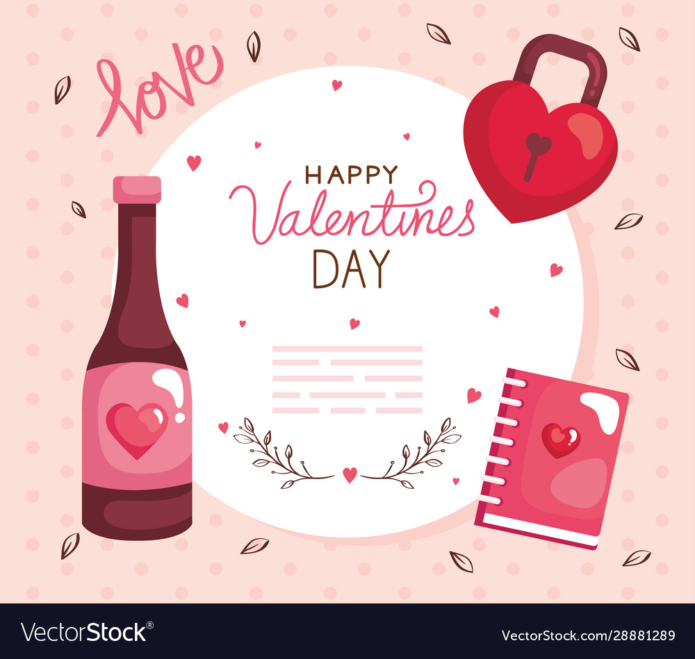 Happy Valentines Day Card With Bottle Wine And Vector Image