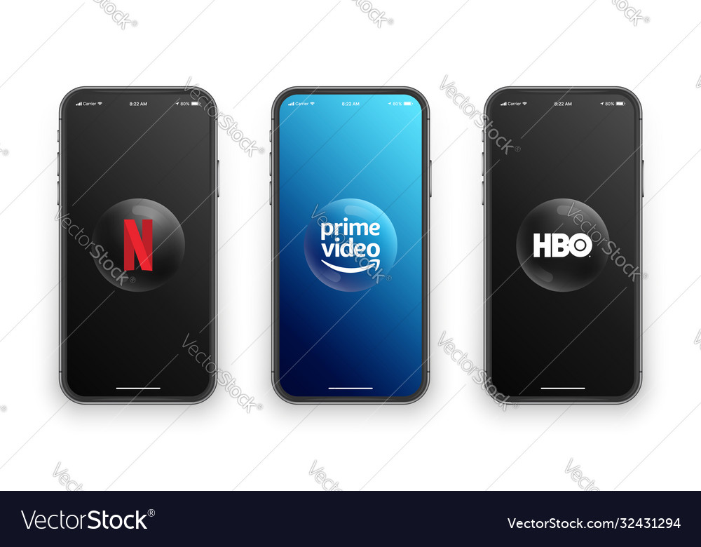 Netflix Prime Video Hbo Logo On Iphone Screen Set Vector Image