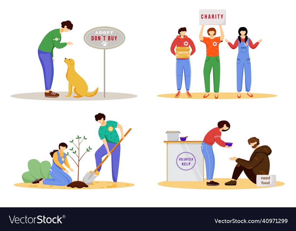 Voluntary activities flat set young volunteers Vector Image