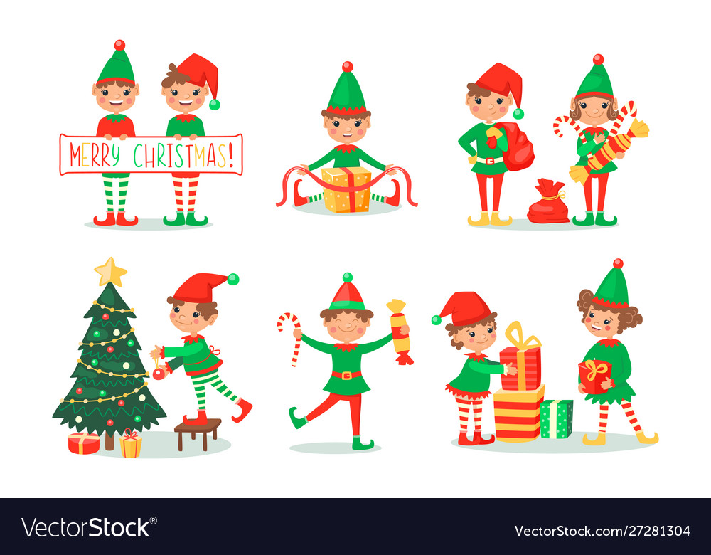 Smiling elves packing gifts decorating christmas Vector Image